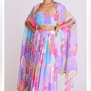 Purple Lehenga Skirt Blouse Cape Set Floral Summer dress Indian Pakistani